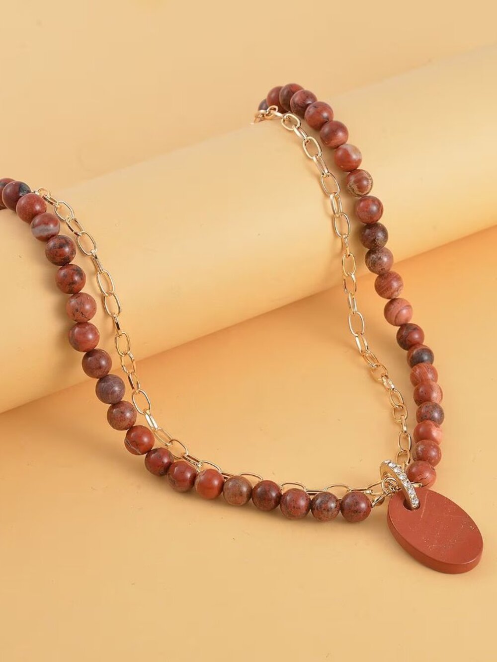 Red Jasper &Austrian Crystal Pendant w/Beaded Necklace (18-20 Inches) - NEW